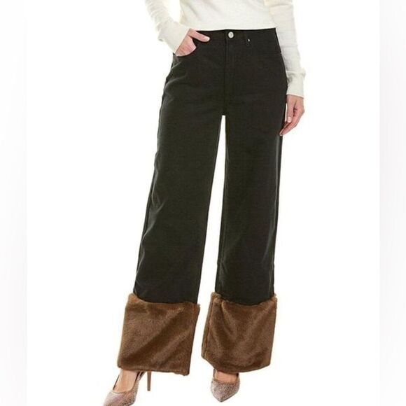 NWOT WeWoreWhat Women's black Straight leg‎ Jeans with faux fur cuffs size 24 - Picture 1 of 15